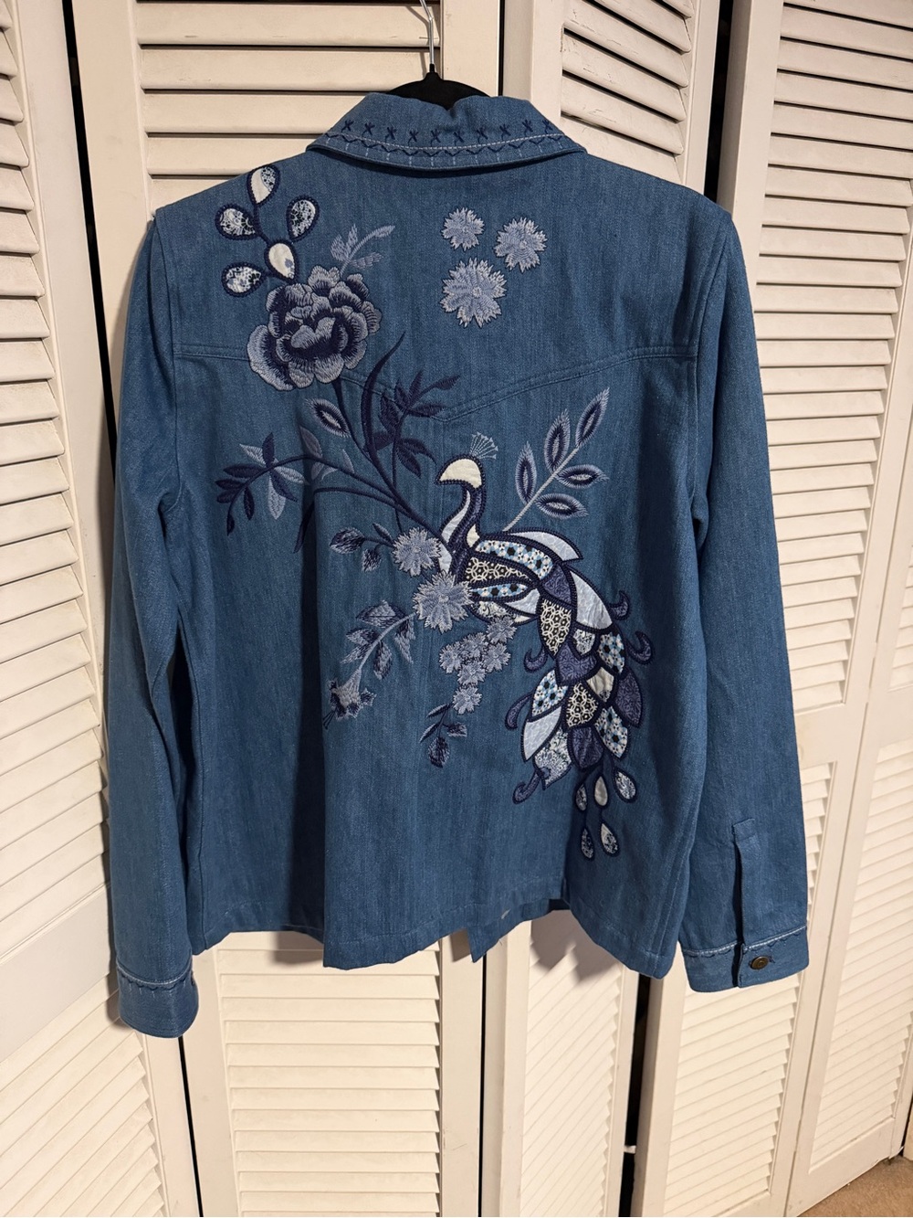 NWT Johnny Was Blue Embroidered Denim Jacket with Peacock Motif.